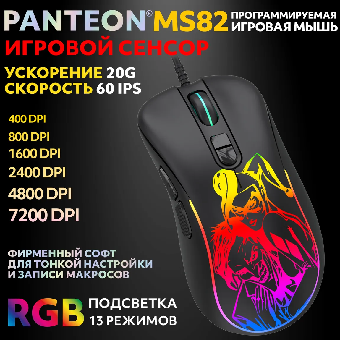 Мышь игровая PANTEON MS82 (112), чёрная USB 1