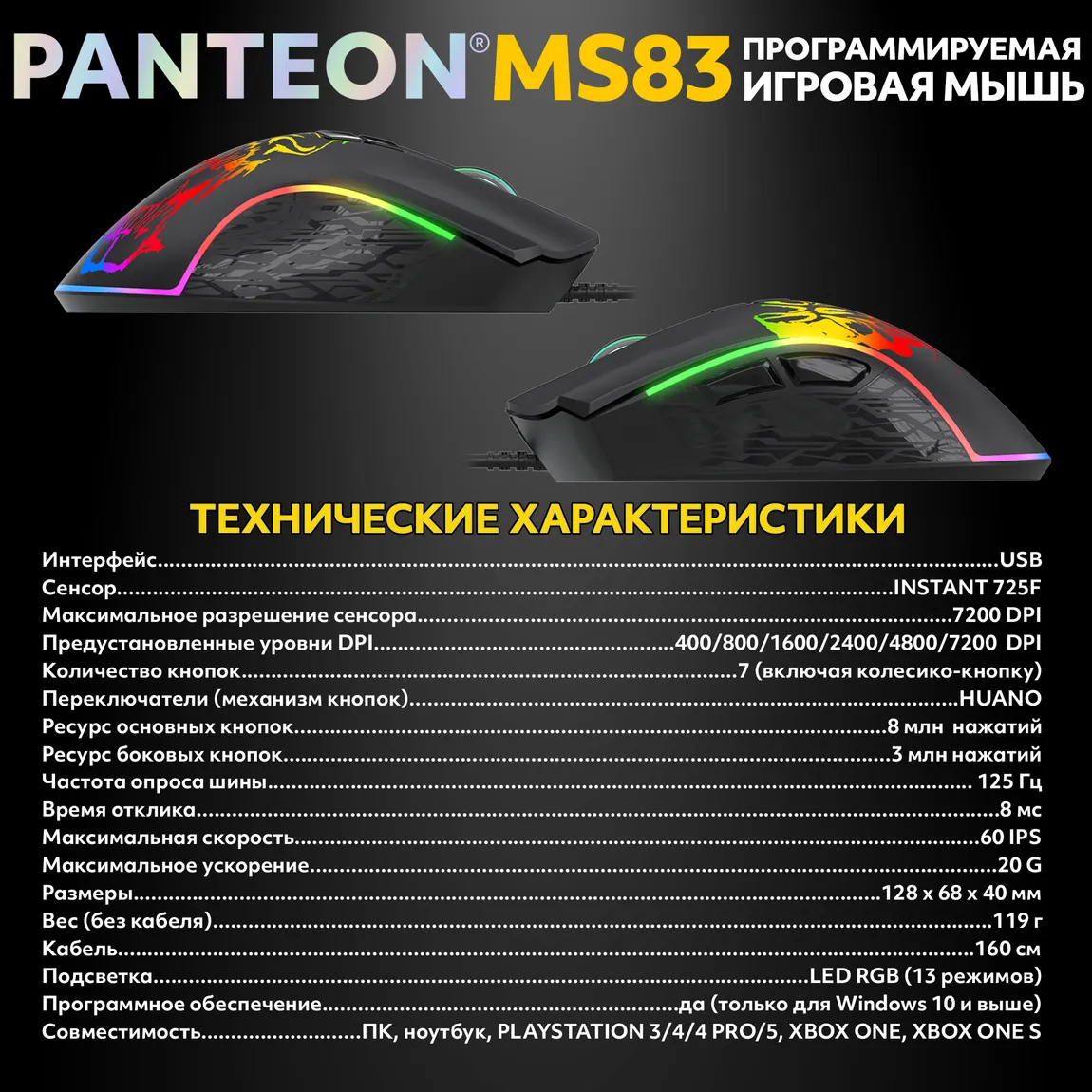 Мышь игровая PANTEON MS83, RGB, черный (113) 8