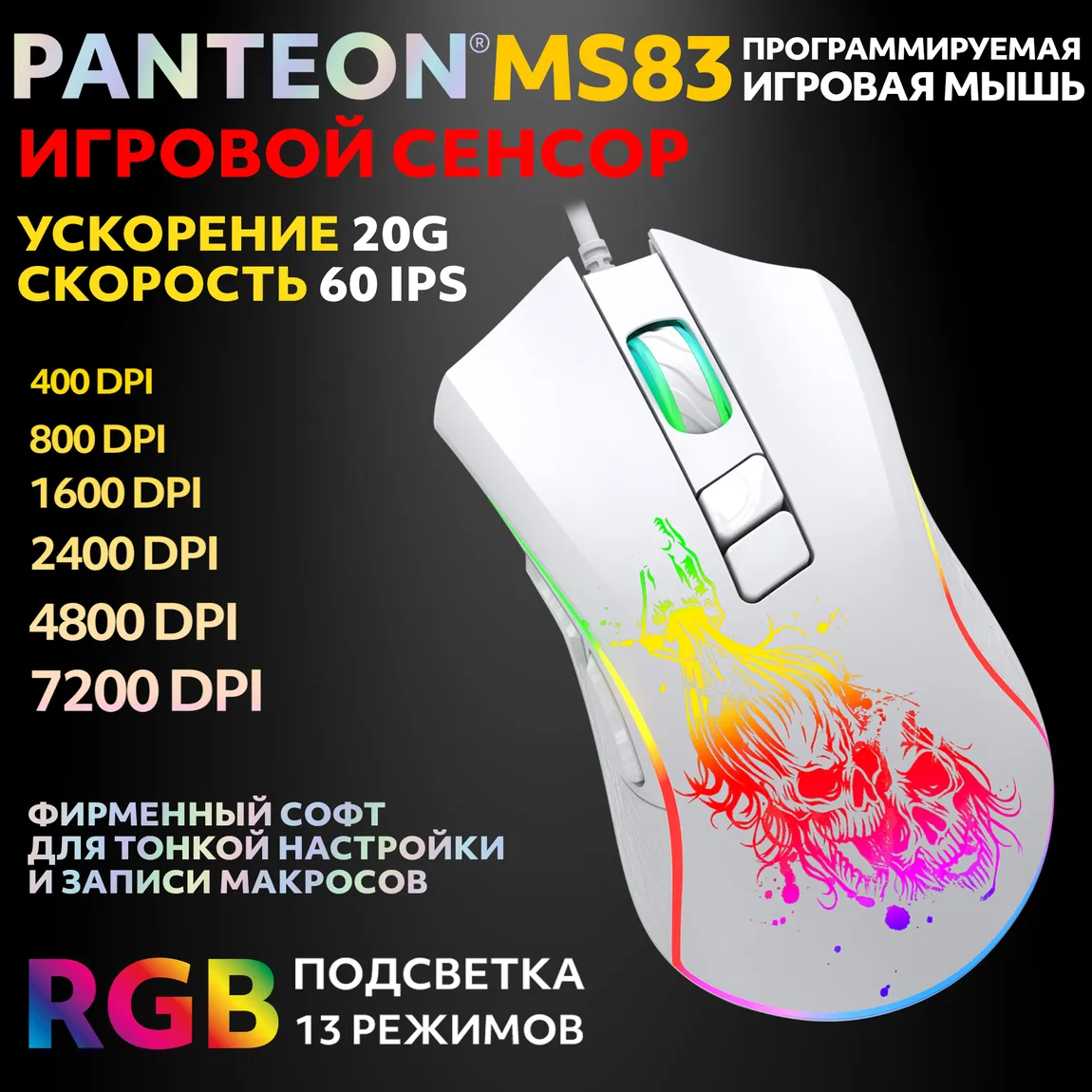 Мышь игровая PANTEON MS83, RGB, белый (114) 1