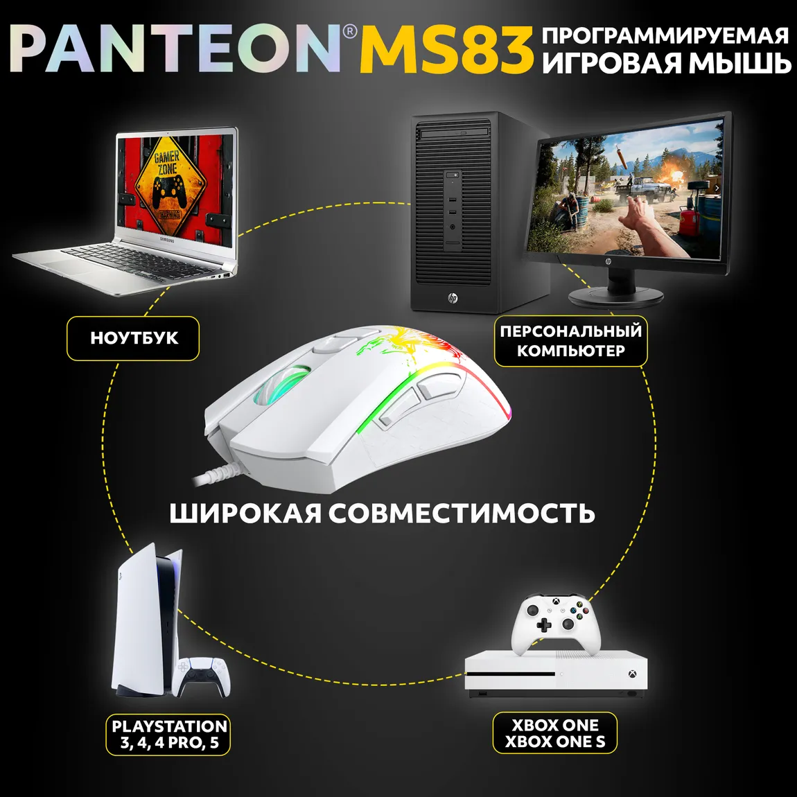 Мышь игровая PANTEON MS83, RGB, белый (114) 4