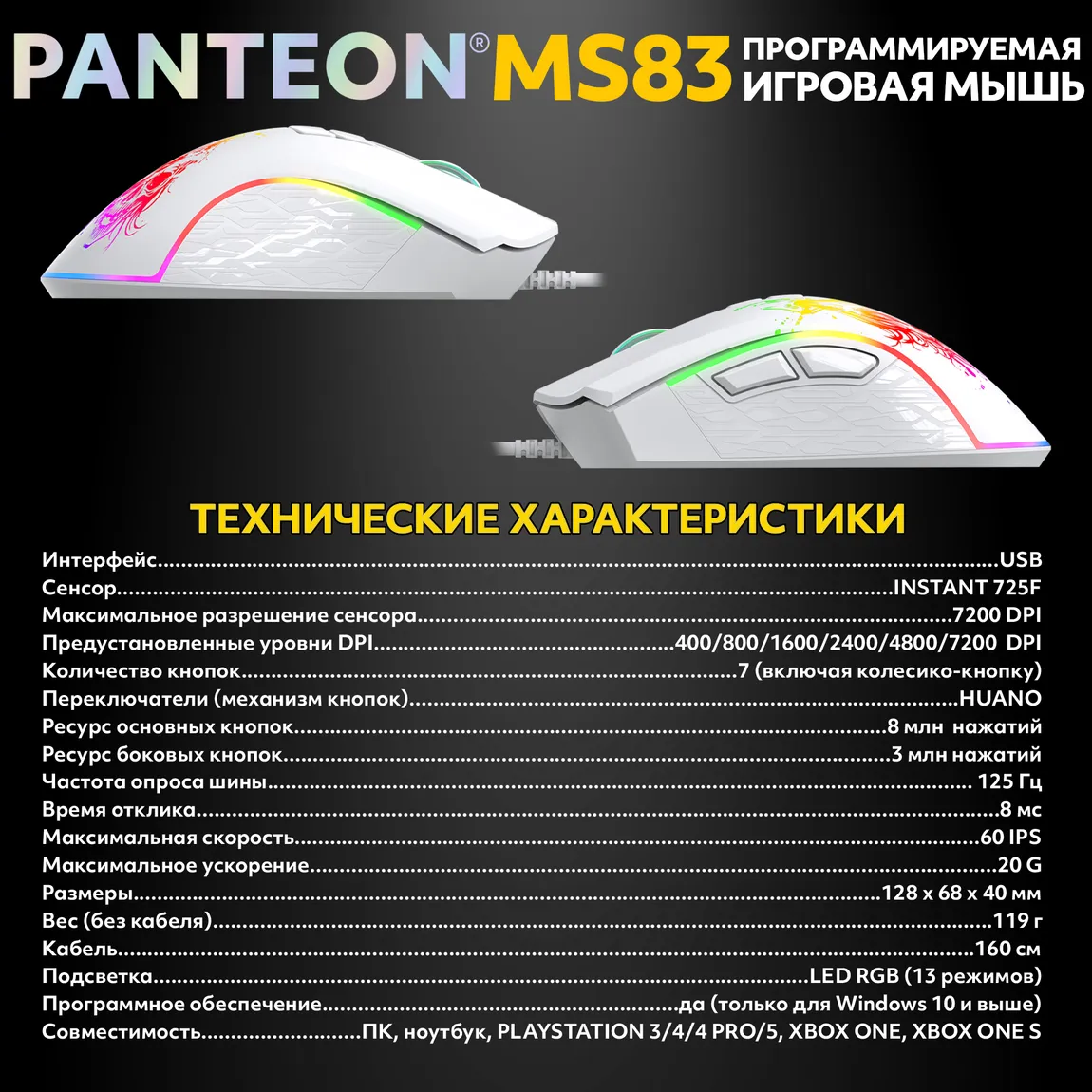 Мышь игровая PANTEON MS83, RGB, белый (114) 7