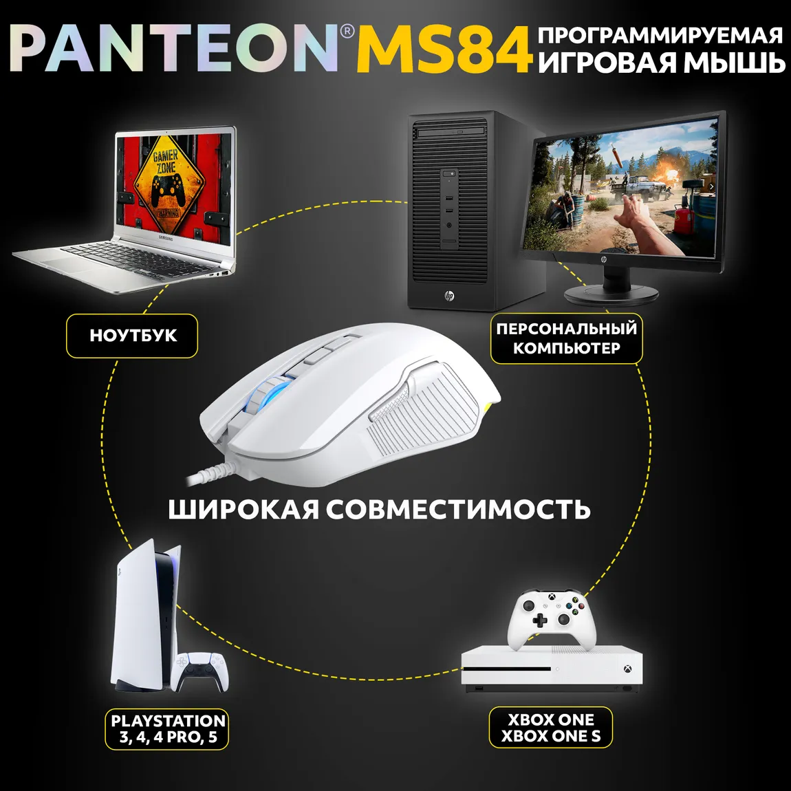 Мышь игровая PANTEON MS84, белая USB 5