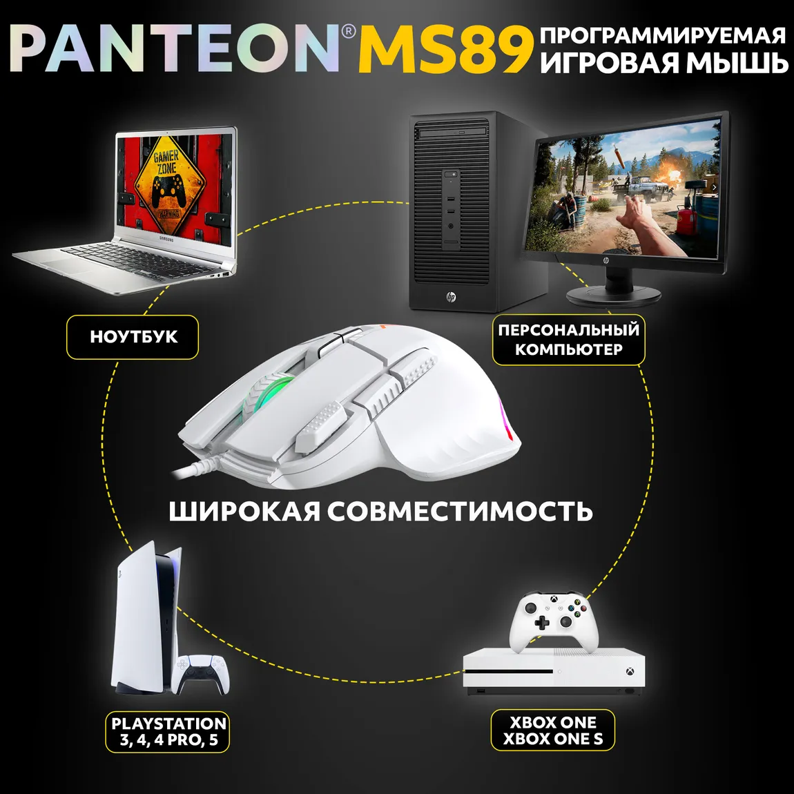 Мышь игровая PANTEON MS89, белая USB 7